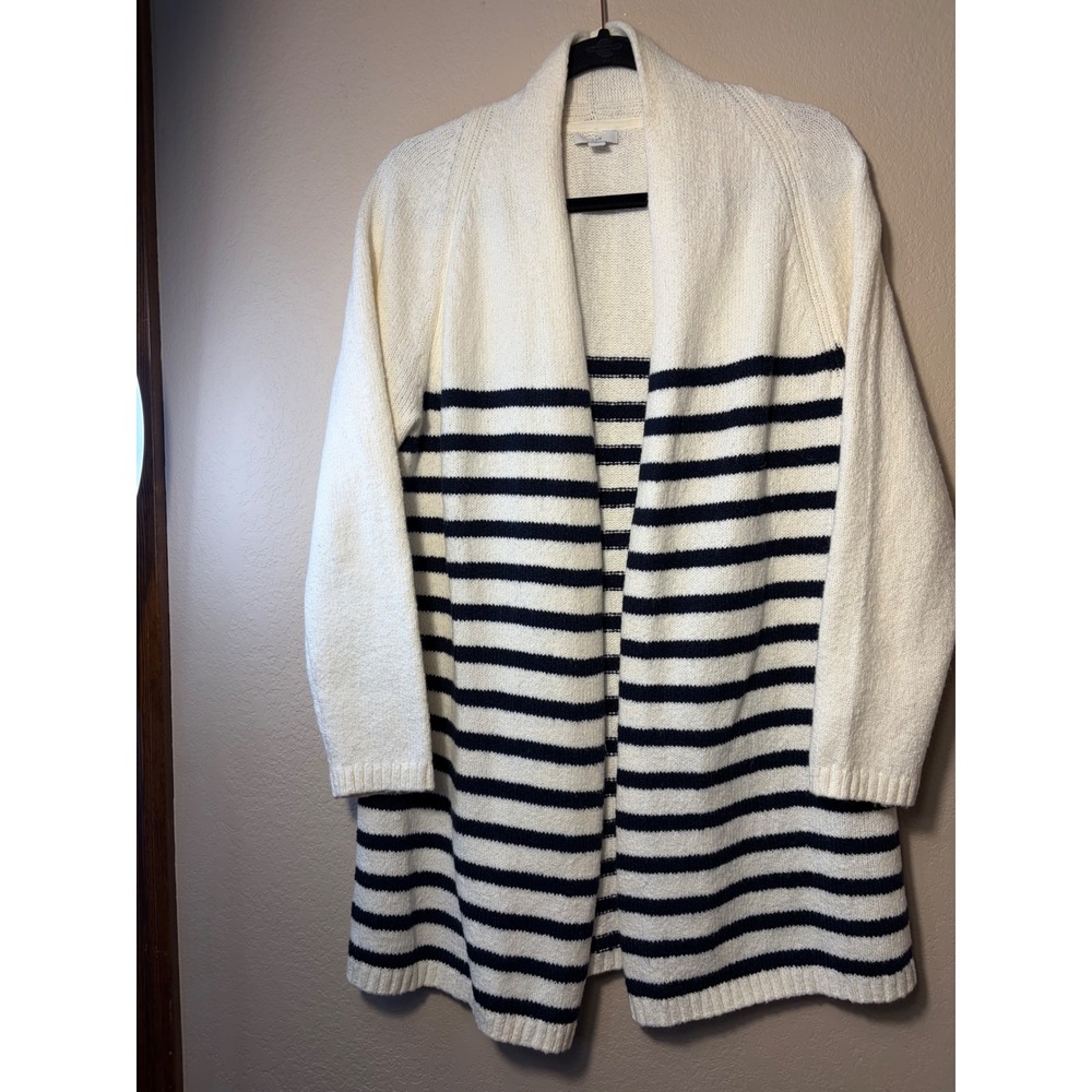 J. Jill‎ Striped Shawl Collar Long Cardigan Sweater Cream Navy SSW235161 Small